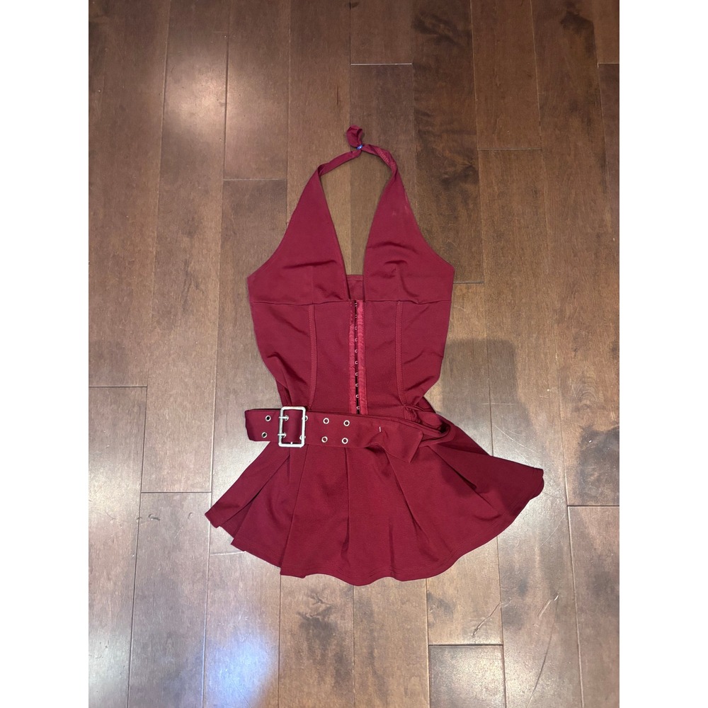 Burgundy Halter Neck Corset Mini Dress with Belted Waist and Pleated Skirt